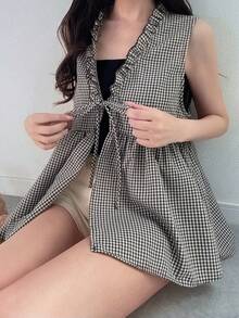 FRIFUL Áo kiểu nữ thường ngày phong cách nghỉ dưỡng, họa tiết kẻ caro, cổ chữ V, viền bèo nhún, buộc dây phía trước, không tay, thích hợp mặc đi làm hàng ngày vào mùa hè. - màu đen - Xem 6