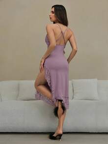 HautHeat Women's Elegant Lace Patchwork Side Slit Backless Halter Neck Summer Dress - Rusty Rose - View 2