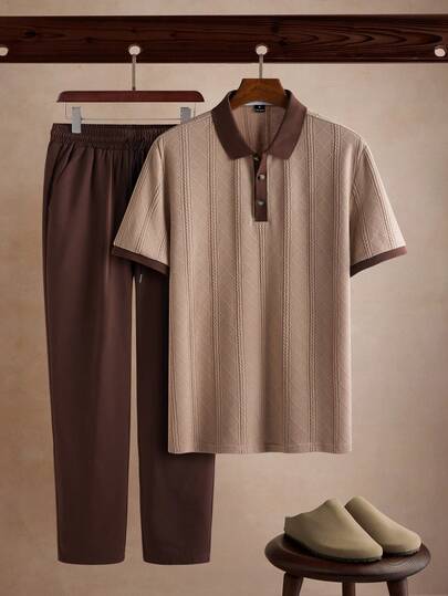 Core Aspect Bộ áo polo dệt jacquard và quần dài dệt kim dành cho nam, trang phục thường ngày. Thích hợp cho những buổi đi chơi hàng ngày, tụ họp bạn bè hoặc những ngày cuối tuần thư giãn. Bộ đồ 2 món bán chạy nhất dành cho nam trên INS.