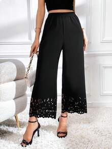 SHEIN PETITE CURVE 大码女式激光镂空阔腿裤，适合夏季穿着，日常通勤、办公室、会议、度假海滩，黑色 - 黑色 - 查看 7