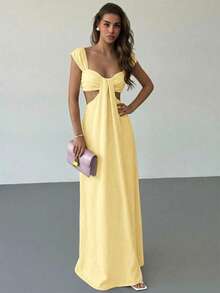 Aloruh Váy maxi phong cách bohemian thanh lịch dành cho nữ, màu be, cổ rộng, khoét lỗ. - Vàng nhạt - Xem 5