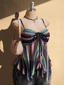 SHEIN ICON 大码女式条纹度假风系带不对称下摆吊带衫 - 彩色 - 查看 6