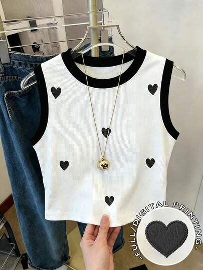 Resyla Camiseta de tirantes casual de mujer con cuello redondo y estampado de corazón en color contrastante