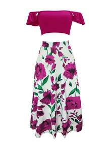 INAWLY 2 cái/bộ Váy quây hở lưng và váy xẻ tà in hoa cho nữ - Màu tím - Xem 3