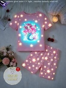 2pcs/Set Girls Toddler Spring/Summer Pink Mermaid & Star Print Glow-In-The-Dark Knit Elastic Soft Round Neck Short Sleeve Top And Shorts Pajama Set - Pink - View 5