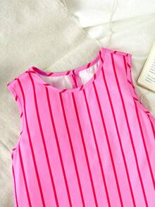 SHEIN Đầm chữ A không tay màu hồng thời trang cho bé gái tuổi teen, thích hợp cho kỳ nghỉ hè, đi nghỉ mát. - Hồng - Xem 3