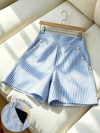 Airaco 女士蓝白竖条纹仿珍珠装饰高腰A字口袋阔腿短裤