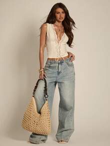 SHEIN BAE Áo hai dây cổ chữ V phối ren gợi cảm thời trang nữ, thắt nơ. - Màu be - Xem 7
