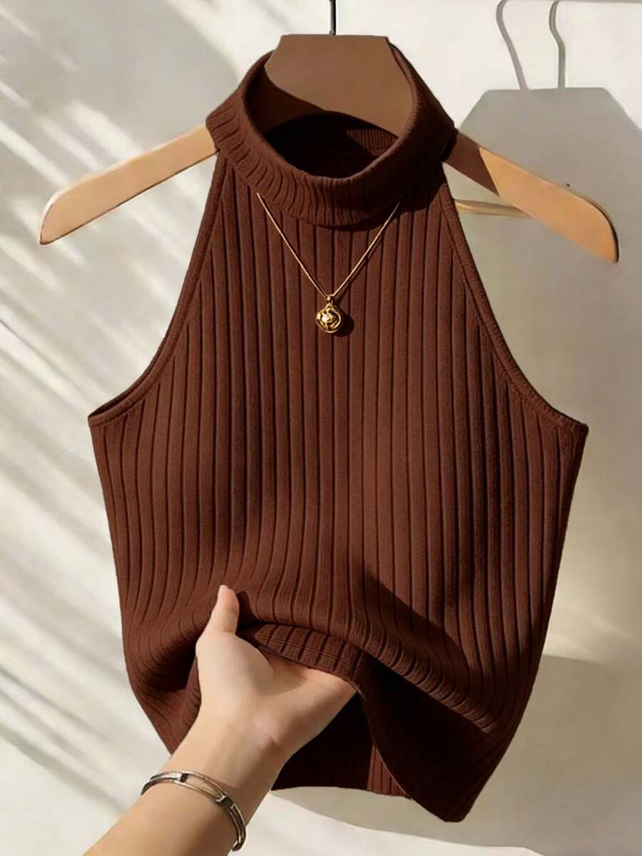 SHEIN Franclia Top sin mangas de unicolor minimalista para mujer, uso casual de todos los días - Marrón - Ver 1