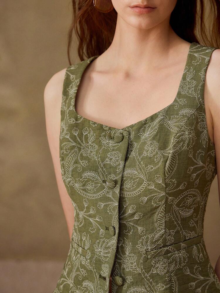 2PCS/SET WOMEN FLORAL EMBROIDERY BUTTON FRONT VEST AND SHORTS SET