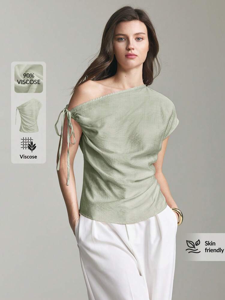 Women's Sage Green Summmer Elegant Brunch Top,Skin-Friendly Viscose Asymmetrical One Sided Bow Tie V-Neck 3/4 Sleeves Business Casual Office Wear