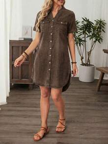 EMERY ROSE Plus Size Summer Casual Front Button Denim Dress - Coffee Brown - View 4