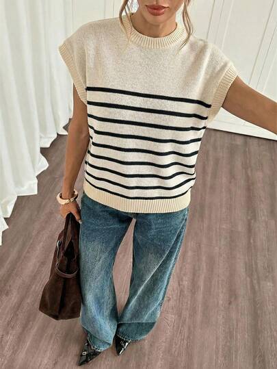 Siren Gaze Áo len nữ kiểu dáng thường ngày, thanh lịch, tối giản, màu mơ Địa Trung Hải phối sọc đen - Phong cách cổ điển sang trọng mùa xuân/hè, hoàn hảo cho công sở, kỳ nghỉ, đi học. Kích cỡ M.