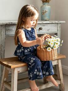 SHEIN 2pcs/Set Baby Girls' Fashionable Casual Floral Embroidered Jacquard Sleeveless Top And Pants Set, Suitable For Spring/Summer, Home, Outdoor, Vacation, Party, Daily Wear - Multicolor - View 9