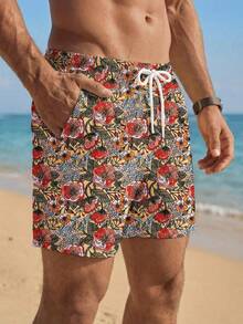 SHEIN (Excl. Baby & Kids) Men's Floral Print Beach Shorts, Suitable For Family Outings And Island Vacations, Holiday - Multicolor - View 3