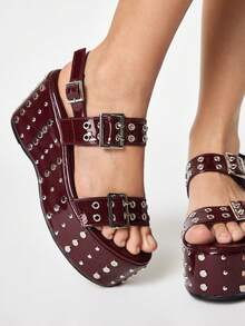 ROMWE Grunge Punk Giày sandal đế xuồng đính kim tuyến, khóa cài nhọn dành cho nữ. - Màu Đỏ Sâu - Xem 4