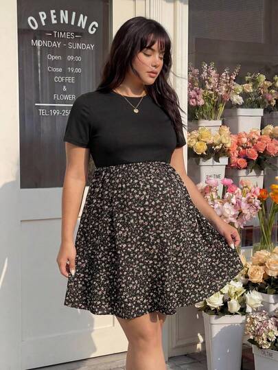 Plussiva Plus Size Maternity Casual Colorblock Print Short Sleeve Dress