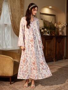 Al Najma 浪漫印花优雅长款宽松休闲阿拉伯风格女装 - 粉色 - 查看 5
