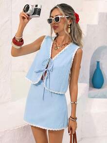 Women's Color Block Tie Front Top And Mini Skirt Casual 2 Pieces Set - Baby Blue - View 13