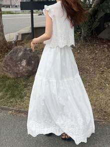 FRIFUL 女士春夏休闲度假风纯色刺绣系带荷叶边袖口上衣和迷你裙两件套家居服套装 - 白色 - 查看 8