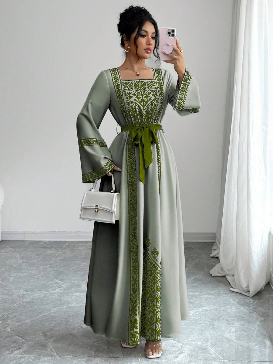 Yasmyna Women's Elegant Square Collar Flare Sleeve Cinched Waist Vintage Dress - Multicolor - View 1