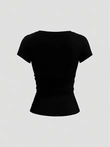 Sweetra Kaos Wanita Streetwear Lengan Pendek Warna Polos dengan Hiasan Renda Lubang Setengah Terbuka - Hitam - View 2