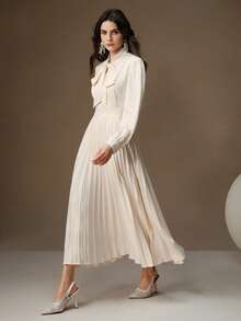 Anewsta Tall Đầm xếp ly cổ nơ thanh lịch dành cho nữ, thích hợp cho trang phục maxi dự tiệc đêm giao thừa. - Màu be - Xem 4