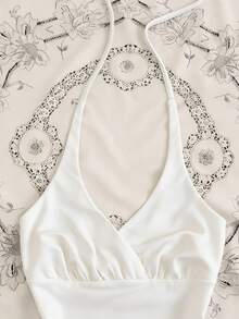 女士纯色褶皱挂脖系带吊带背心，适合度假和约会等各种场合 - 白色 - 查看 3