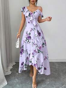 Elenzga Đầm maxi dài màu hồng, phong cách cổ điển lãng mạn mùa xuân/hè dành cho nữ, thích hợp cho kỳ nghỉ biển, tụ họp hàng ngày, hẹn hò, dự tiệc. Thiết kế họa tiết hoa, cổ áo xéo, vạt áo xếp ly không đều. - Màu tím - Xem 6