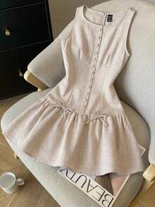 Vestido informal sin mangas con cintura ceñida y dobladillo con volantes para niñas preadolescentes - Albaricoque - Ver 1