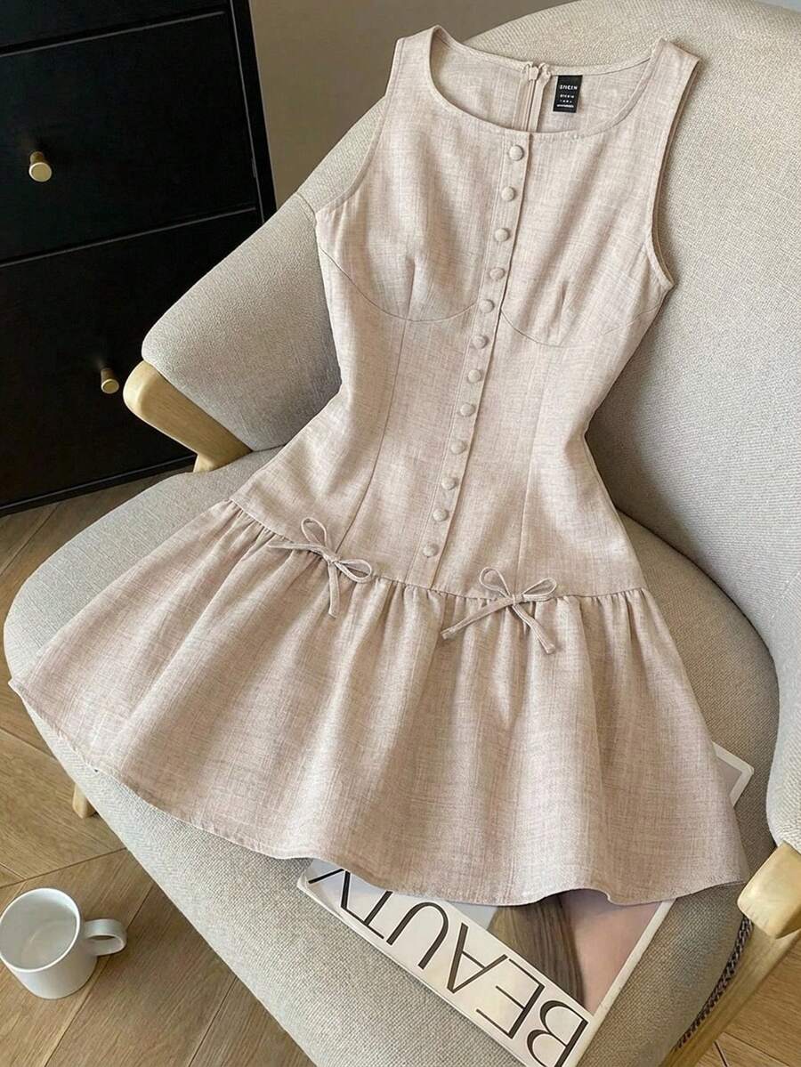 Vestido informal sin mangas con cintura ceñida y dobladillo con volantes para niñas preadolescentes - Albaricoque - Ver 1