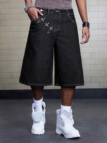 ROMWE MEN Betty Boop | ROMWE Men's Fashionable Airplane Buckle Denim Shorts - Black - View 4