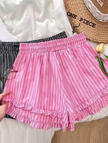 GlowEve Striped Print Ruffle Trim Drawstring Waist Shorts - Hot Pink - View 2