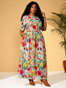 BrightlyHer Vestido casual de vacaciones con estampado floral y drapeado para mujer de talla grande - Verde - Ver 3