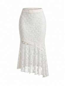 SHEIN PETITE Women's Asymmetric Mermaid Lace Skirt,White Flower,Autumn,Elegant,Wedding Guest,Textured Apricot Halloween Chic Country Creamy Fall Clothes - White - View 2