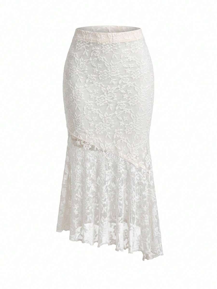 SHEIN PETITE Women's Asymmetric Mermaid Lace Skirt,White Flower,Autumn,Elegant,Wedding Guest,Textured Apricot Halloween Chic Country Creamy Fall Clothes