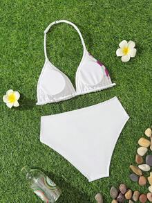 Teen Girl Floral Print Halter Neck Spaghetti Strap Bikini Set Set - Multicolor - View 2