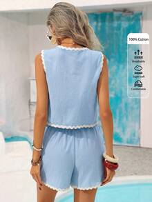 Women's Color Block Tie Front Top And Mini Skirt Casual 2 Pieces Set - Baby Blue - View 2
