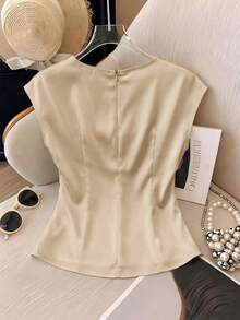 Franclia Blusa elegante de mujer con cuello redondo, cintura ceñida, ajustada, con pliegues y mangas cortas, versátil, de color melocotón claro sólido - Champán - Ver 2