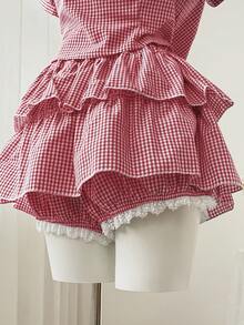 Sweetra Plus Size 2pcs Plaid Short Sleeve Shirt Ruffle Shorts Set, Casual Curve Fairycore Comfortable For Spring/Summer Vacation White - Red and White - View 6