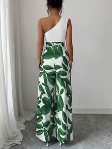 SHEIN Elenzya Women's Oblique Shoulder Patchwork Print Straight Leg Jumpsuit - Mint Green - View 2