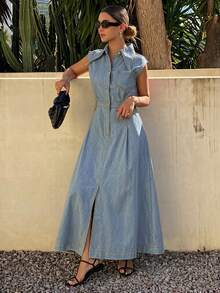 Livesso Đầm denim màu trơn, cổ bẻ, không tay, chất liệu cotton, thắt eo, dành cho nữ, thích hợp cho mùa xuân và hè. - Rửa nhẹ - Xem 4