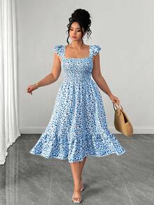 Elenzga Floral Pattern Square Neck Ruffle Sleeve Gathered Bust A-Line Fashionable Elegant Romantic Vacation Party Daily Wear Dress - Blue - View 6