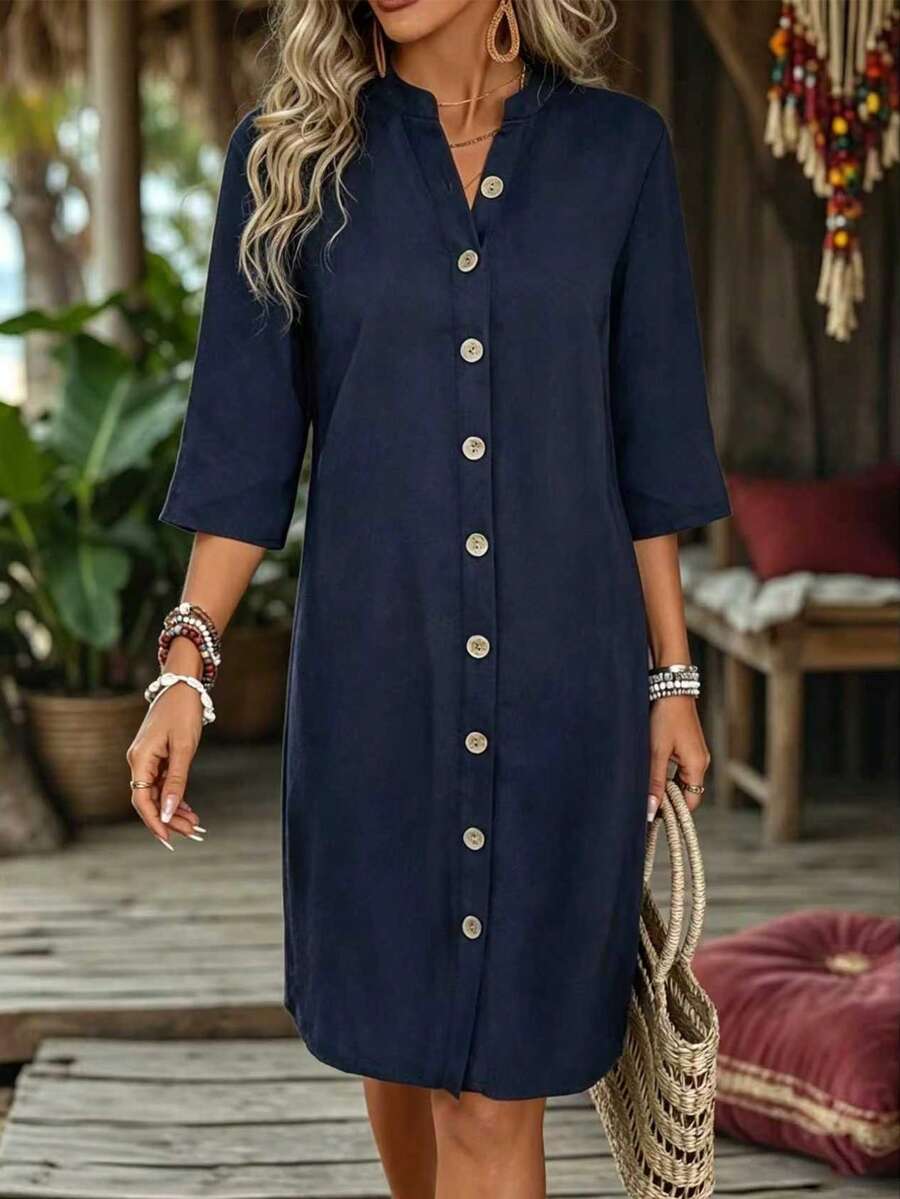 Zayélia Vestido-camisa con cuello alto y botones en la parte delantera de unicolor casual para mujeres de vacaciones - Azul Marino - Ver 1