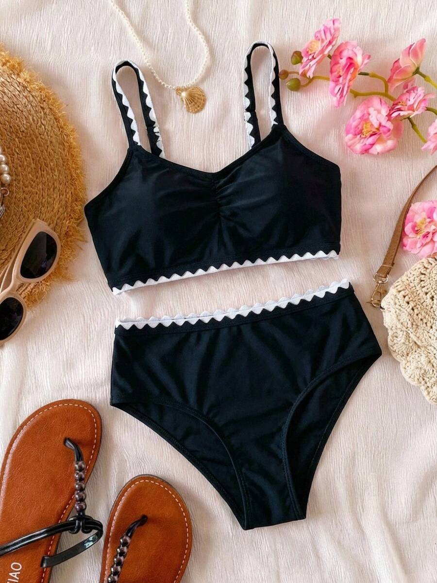 SHEIN 少女鞭缝褶皱胸部比基尼泳衣 - 黑與白 - 查看 1