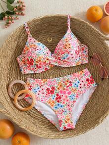 Swim Mod 2026 New Summer Beach Vacation Elegant Sweet Abstract Tie Dye Print Twist Front Plus Size Swimwear Set - Multicolor - View 7