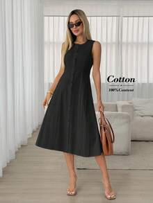 Easowa 纯色前扣圆领优雅无袖连衣裙，春夏款 - 黑色 - 查看 3