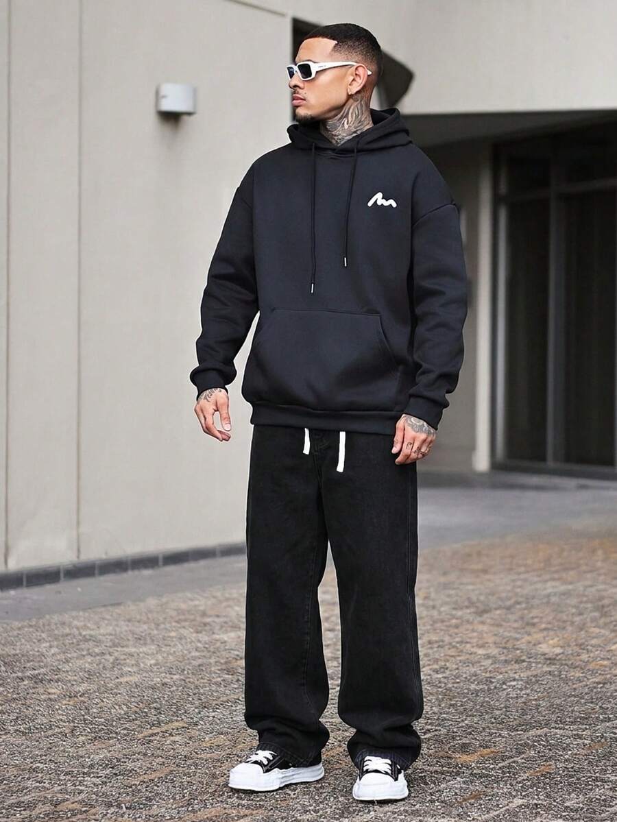 Devon Thys 男士高端简约百搭直筒水洗牛仔裤，抽绳松紧腰休闲裤，四季皆宜，垃圾摇滚风 - 黑色 - 查看 1