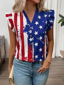 SHEIN Clasi Áo sơ mi nữ cổ chữ V in hình quốc kỳ thanh lịch mới, kiểu dáng đa năng mặc hàng ngày vào mùa hè. - Nhiều màu - Xem 5