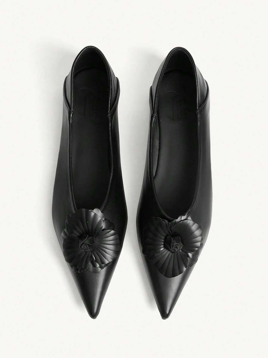 CUCCOO CHICEST Giày nữ mũi nhọn, cổ thấp, đế bằng, họa tiết hoa trà, thoải mái, đa năng, thời trang, đế mềm, thanh lịch. - màu đen - Xem 1